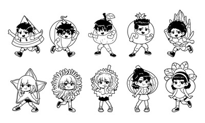 Kids with fruit costume outline vector illustration set
