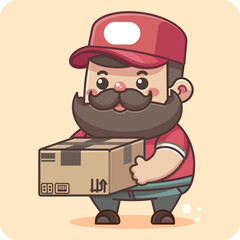 A delivery fat man in red uniform holds a cardboard box in his hands, The Courier Brought The Parcel, Mascot Character, Vector illustrator