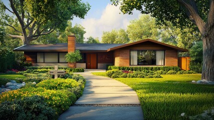 Fototapeta premium Mid-Century Modern Dream Home: Landscaped Suburban Paradise