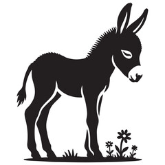 Peaceful Donkey Vector Illustration Silhouette Standing By Flowers Art