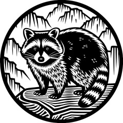 A Majestic Raccoon in a Mountainous Landscape Black and White Illustration