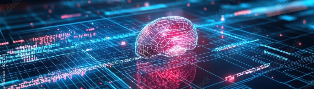 Poster intricate brain embedded in a futuristic digital interface with vivid colors and complex patterns re