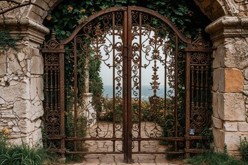 Fototapeta premium Antique Wrought Iron Gate Showcasing a Stunning View with Detailed Texture and Classic Design