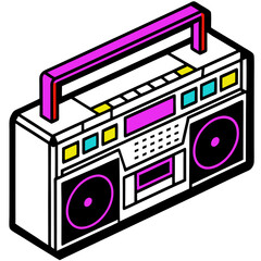 Retro Boombox Stereo Cassette Tape Player in Isometric View with Bright Colorful Accents