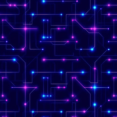 Interconnected Circuitry Network of Glowing Nodes Electronic Pattern Design Deep Blue and Purple Tones