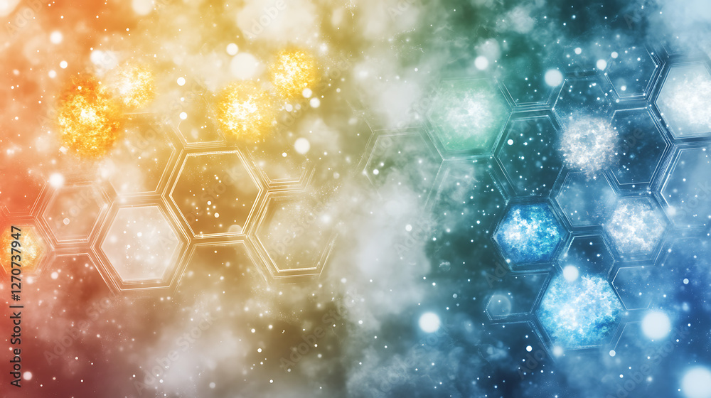 Poster interconnected hexagons network with abstract energy particles and nebula space background image