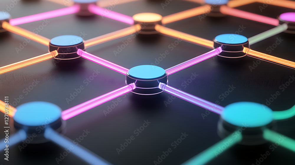 Poster interconnected network nodes with illuminated pathways for data transfer visualization concept