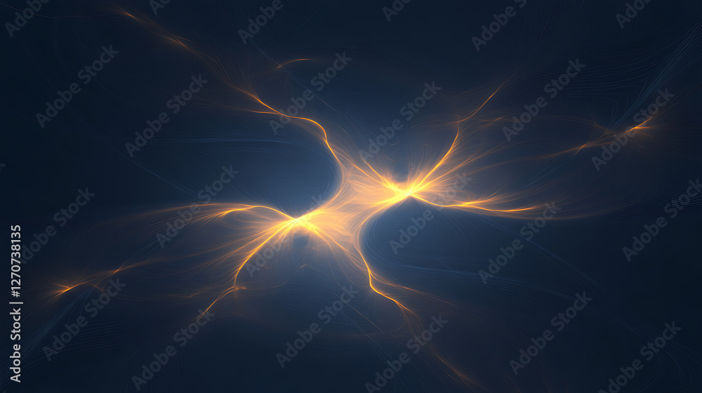 Poster interconnected network nodes with glowing light trails on dark background for data transfer visualiz