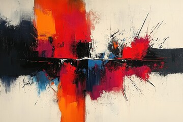  Abstract painting with bold red, orange, and black brushstrokes, dynamic energy, expressive composition, modern art style, and striking visual impact.