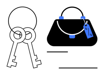 Two vintage keys linked by rings next to a classic handbag with a price tag. Ideal for themes on security, fashion, personal belongings, value, ownership, shopping, and identity. Minimalist style