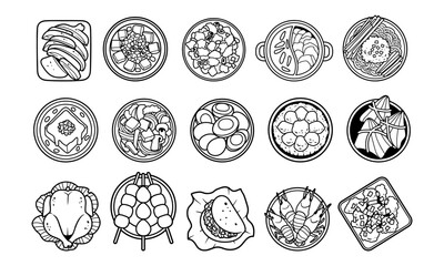 Chinese food top view outline vector illustration set