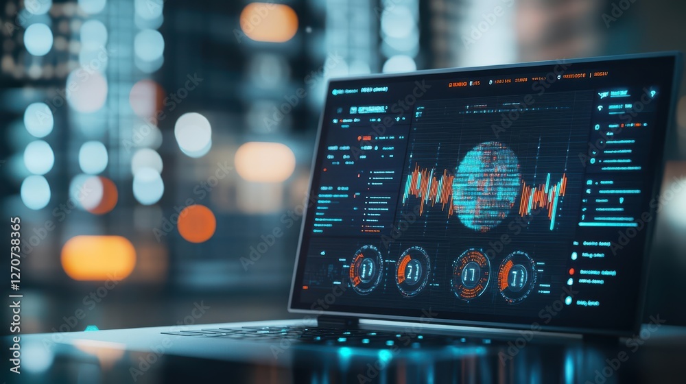 Poster modern laptop displaying complex data visualization on bright screen with sleek design in profession