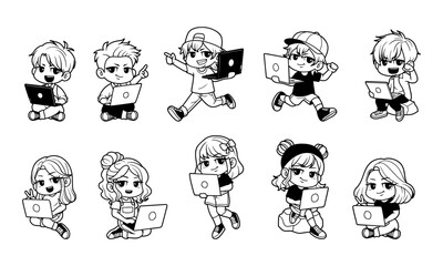 Kids with laptop outline vector illustration set