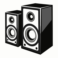 A pair of stereo speakers shown in a simple black and white illustration