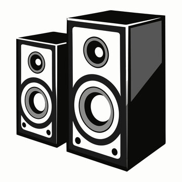 A pair of stereo speakers shown in a simple black and white illustration