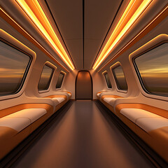 Fototapeta premium Interior View of Futuristic High Speed Train with Orange Ambient Lighting and Passing Landscape