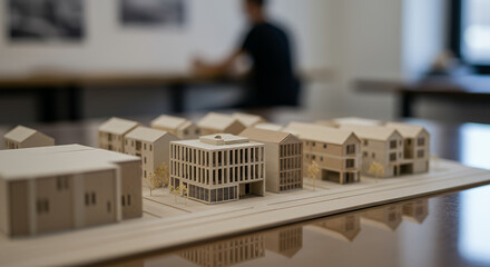 Architectural Model of Residential Development - Close-up of a detailed architectural model of a residential development, showcasing a modern high-rise building amidst other structures.