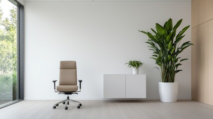 Modern Office Chair in Empty Room with Plant, Interior Design