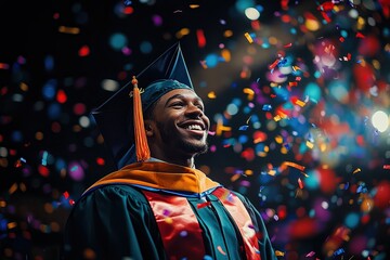  Smiling graduate in cap and gown surrounded by colorful confetti, joyful expression, bright lights, proud celebratory moment