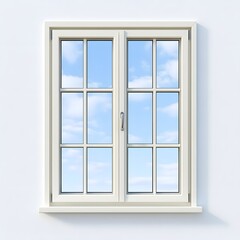 Elegant Double Glazed 3D Window with Bright Sky Reflection on White Background