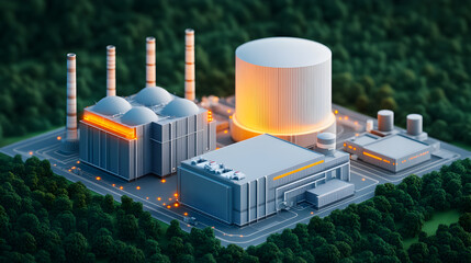 Aerial view of forested nuclear power plant 3d model of industrial energy operations