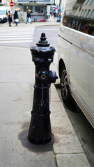 Black fire hydrant beside a parked white vehicle on a city street with pedestrian crossing