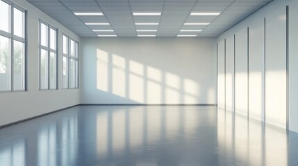 Fototapeta premium Sunlit empty modern office space with large windows and polished floor.