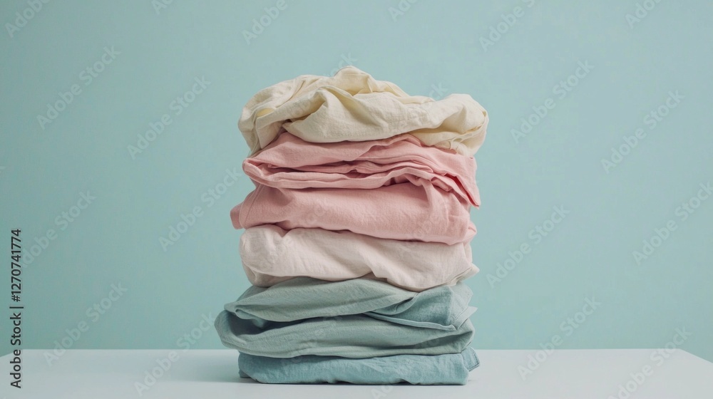 Aufkleber a stack of cotton clothes in soft pastel colors stands on a clean surface, set against a calming bac