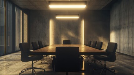 Fototapeta premium Modern conference room with long wooden table and dark chairs, illuminated by warm light.