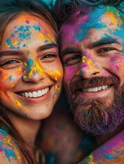 Obraz premium Joyful Holiday Portrait with Smiling Faces and Paint Fun celebrating Holi 