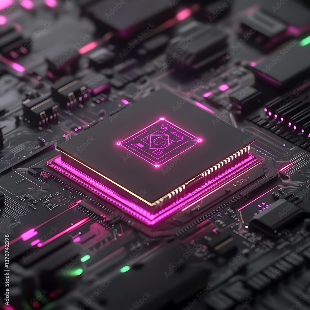 Poster intricate computer processor close up with neon pink illumination in electronic circuitry display