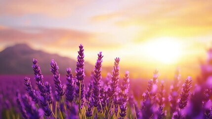 Naklejka premium Vibrant lavender field at sunset with mountain in the background, evoking tranquility and beauty