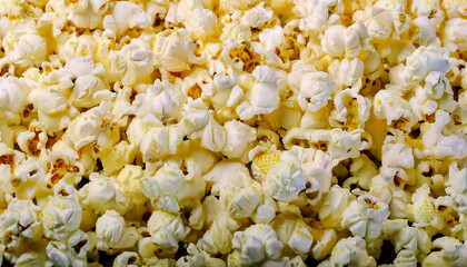 Background filled with popped popcorn, emphasizing their fluffy texture and golden-yellow color. Perfect for snacks, movies, or fun food concepts. Texture, background.