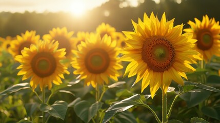 Obraz premium Vibrant Sunflower Field at Sunrise with Bright Yellow Blooms and Soft Sunlight in the Background