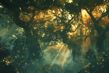 A serene forest scene capturing sunlight filtering through dense foliage, creating a magical atmosphere. Perfect for illustrating tranquility, nature, and eco-friendliness.