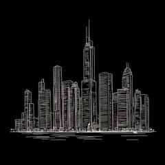 Naklejka premium City Skyline Sketch, Night View, Urban Architecture, Line Art, Background Image