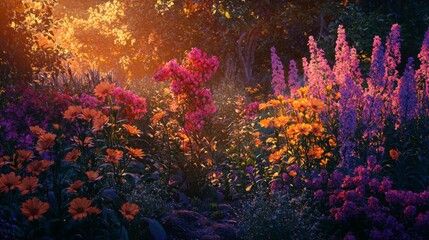 Vibrant Flower Garden at Sunset with Vivid Colors and Soft Lighting Creating a Dreamlike Atmosphere in Nature's Beauty
