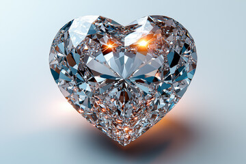 Fototapeta premium Heart-shaped diamond sparkling with vibrant light reflections on a smooth gray background.
