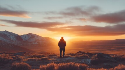 Gazing at the vibrant sunset over mountains, a traveler finds peace in nature's beauty and tranquility at dusk. Generative AI