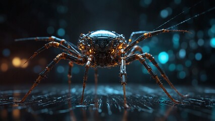 A cybernetic spider with mechanical legs, weaving an electric web.