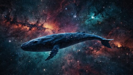 Fototapeta premium A cosmic whale swimming through a nebula, with galaxies reflected in its skin.
