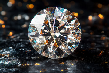 Fototapeta premium Sparkling diamond on a dark surface, capturing brilliant light reflections and elegance.
