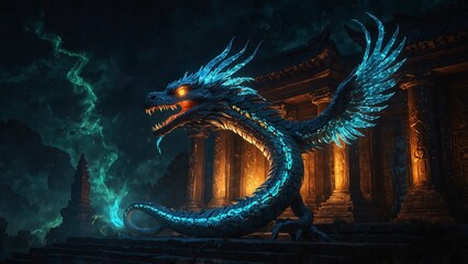 Obraz premium A phoenix serpent with bioluminescent scales, wrapping around an ancient temple.