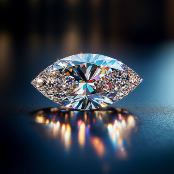 Sparkling marquise diamond reflecting colorful light on a dark surface.