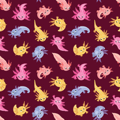 Seamless pattern with funny axolotls. Endless textures for your design
