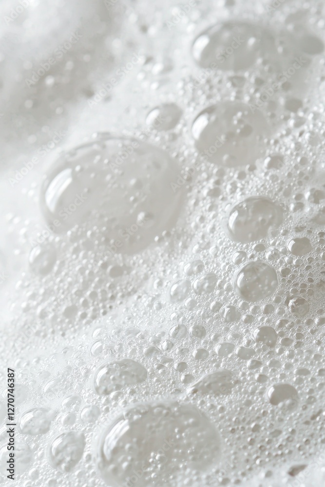 Poster Bubbles of varying sizes dance across a textured surface, showcasing the beauty of soap foam. The gentle play of light highlights their delicate, circular forms in a mesmerizing display