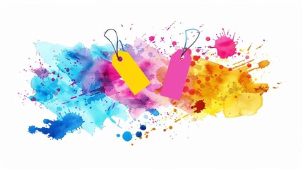 Naklejka premium Vibrant watercolor splashes in blue, pink, and yellow, featuring two blank tags. Ideal for creative projects, marketing materials, and artistic expressions.