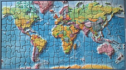 Obraz premium Unassembled World Map Puzzle: A Colorful Journey Across Continents