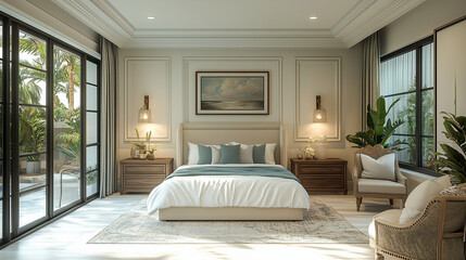 Interior design for a guest bedroom featuring a neutral theme with sleek moldings on the walls. The color scheme includes beige, white, and cream tones, with deeper beige flooring