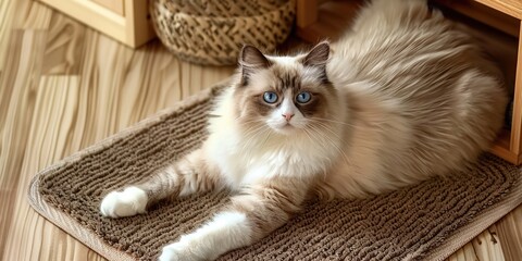 An adorable ragdoll cat  on door mat